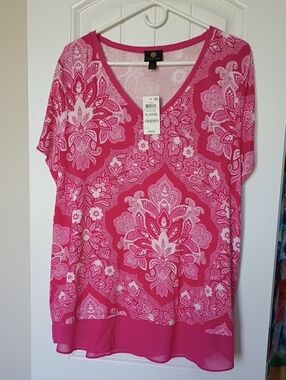 JM Collection Pink Magenta Paisley V-Neck Layered Blouse XL NWT